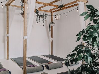 Minimalist yoga studio interior with green plants.